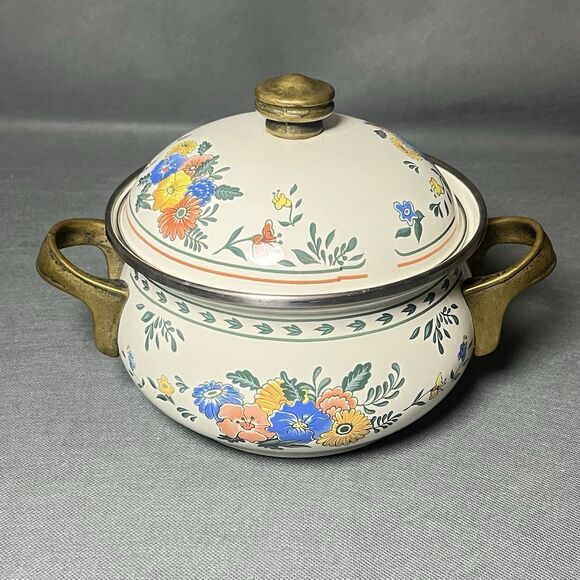 Vintage Kamenstein Dutch Oven W/Lid Enamel & Brass Cookware Floral 2 Quart Pot - Picture 1 of 11
